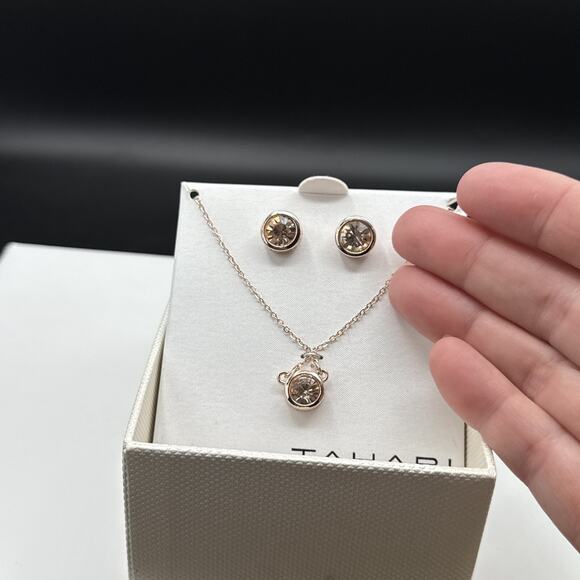 Tahari Necklace Earrings Set Champagne CZ Rose Gold Tone Bezel 18" Chain NIB - Picture 3 of 8